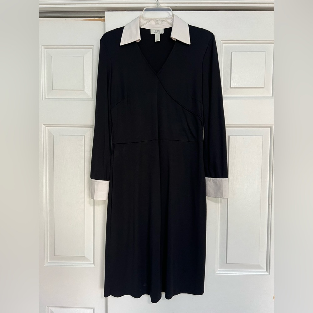 Loft Women's Black Vneck Dress with White Collar - Size 10 No belt